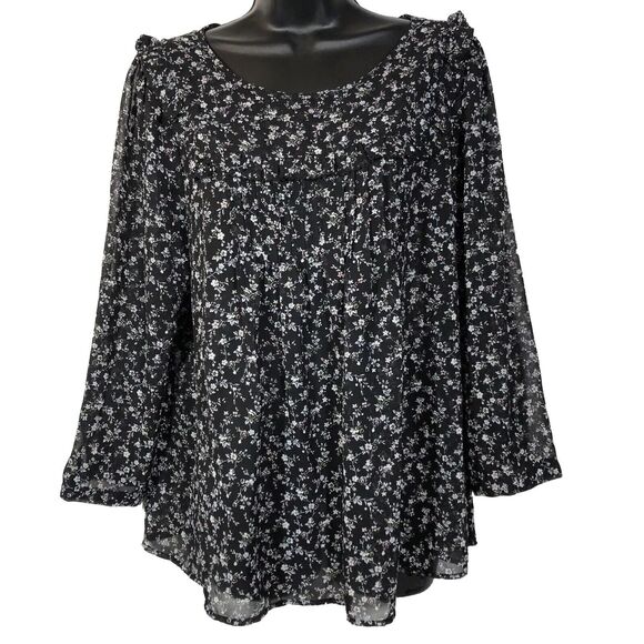 Gap Blouse Semi-Sheer Chiffon Women's Sz L Black Floral Whimsigoth Cottagecore - Picture 2 of 9